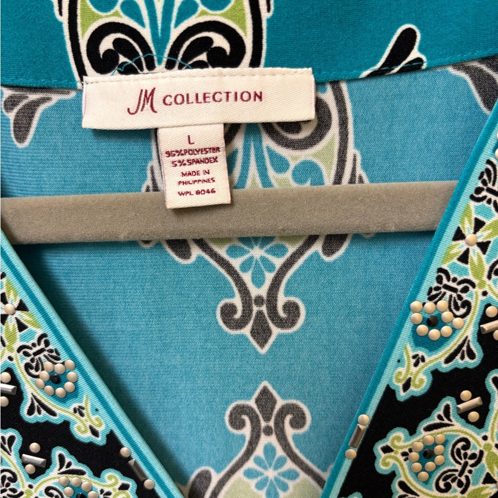 JM Collection Teal and Black Patterned Blouse - Picture 5 of 8